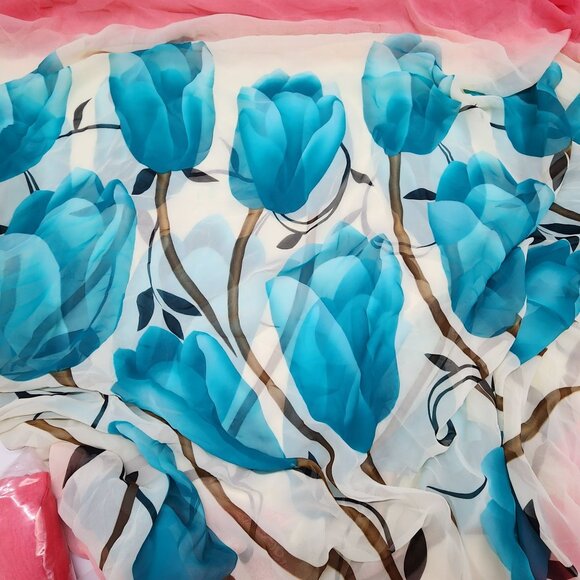 Large Print Chiffon Fabric Tulips Blue Salmon White 12 Yards 55" Wide 3 Pieces - Picture 3 of 8